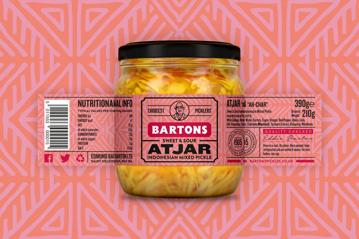 Bartons Pickles branding – Atjar label packaging design – jar label wrap