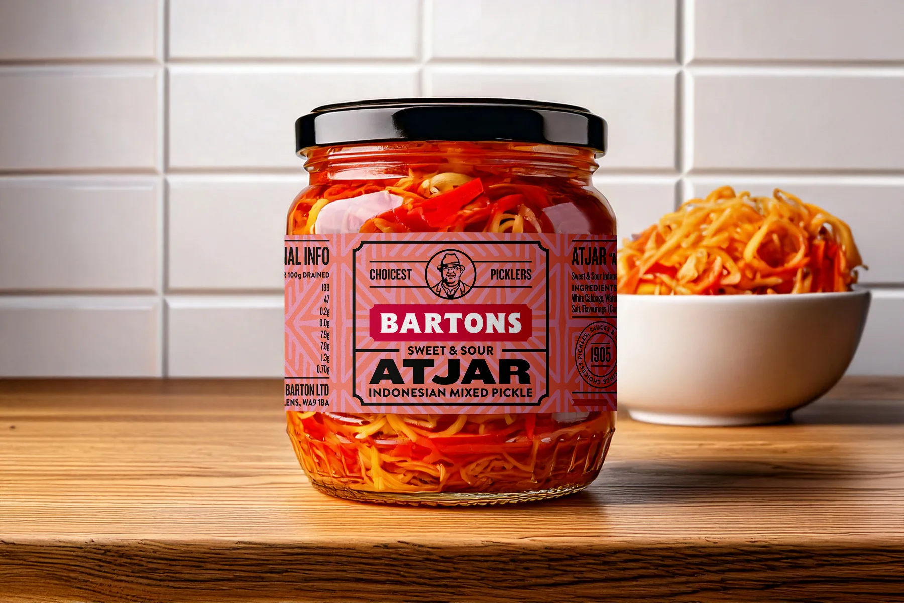 Bartons Pickles branding – Atjar label packaging design – jar on table