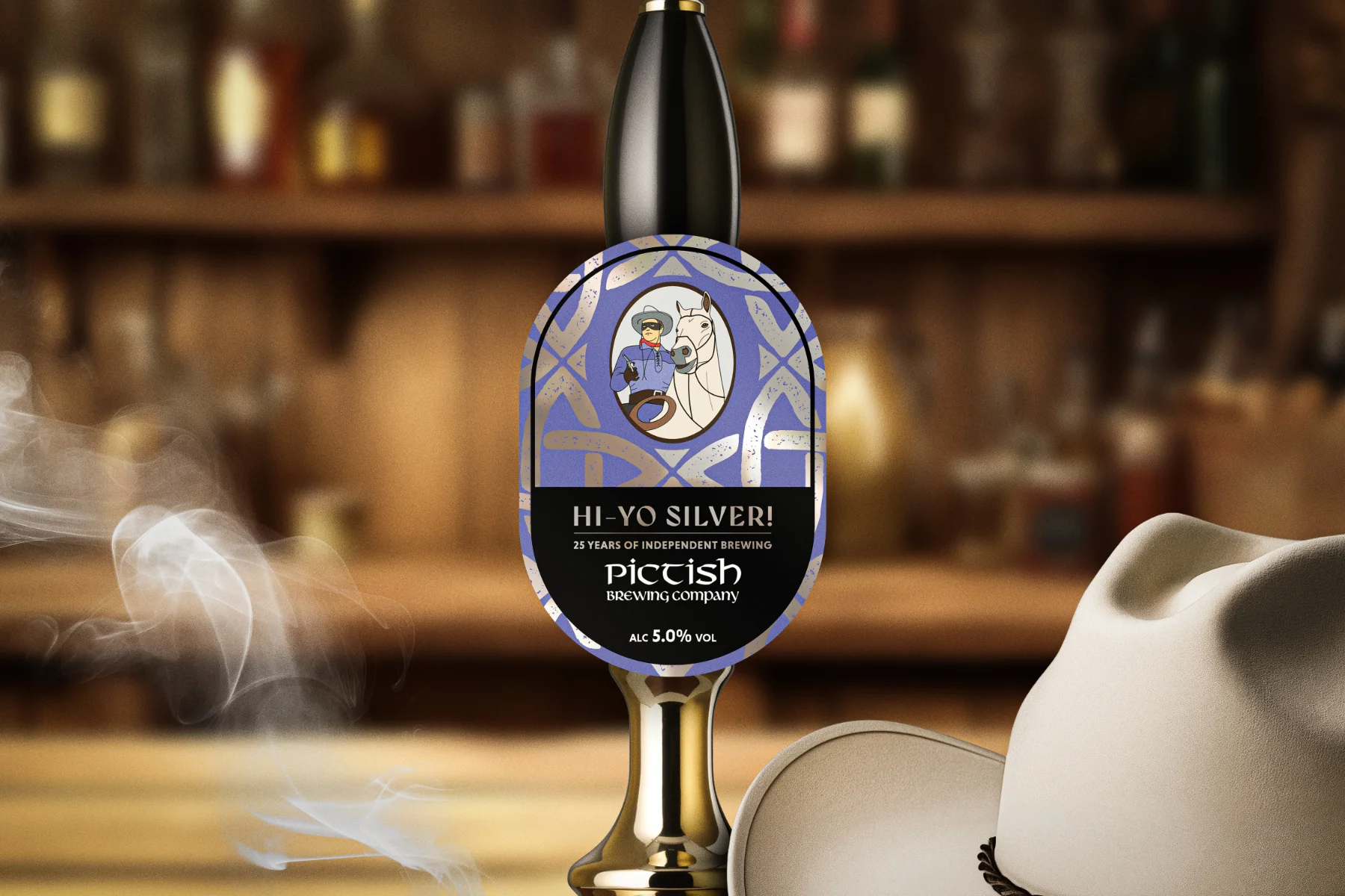 Pictish Brewing – 25 Years Pump Clip Hi-Yo Silver on Bar