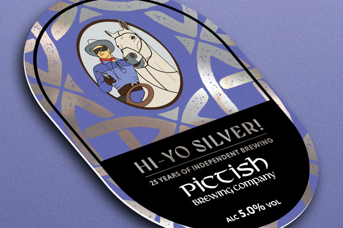 Pictish Brewing – 25 Years Pump Clip Hi-Yo Silver on blue background