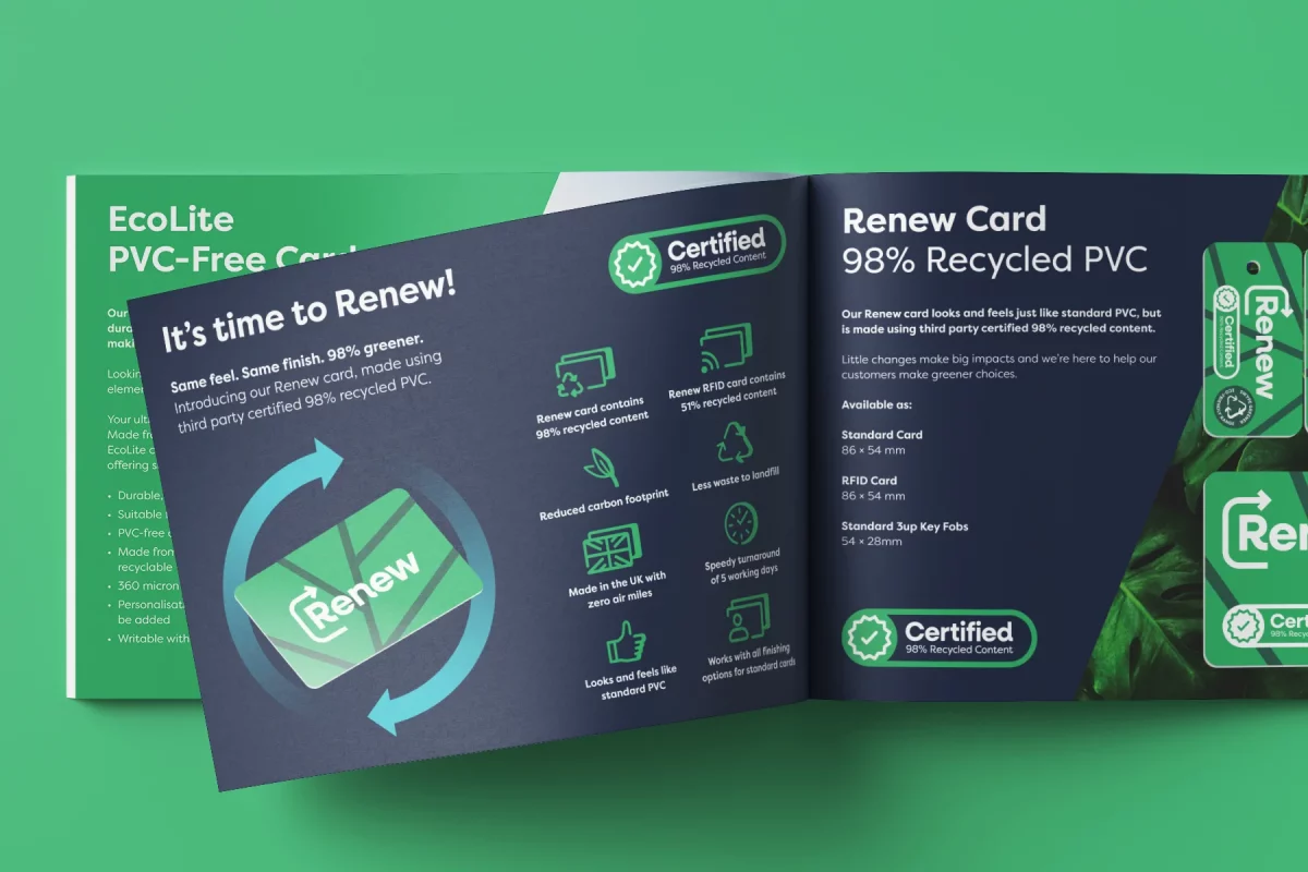 Swype branding eco range brochure spread renew cards