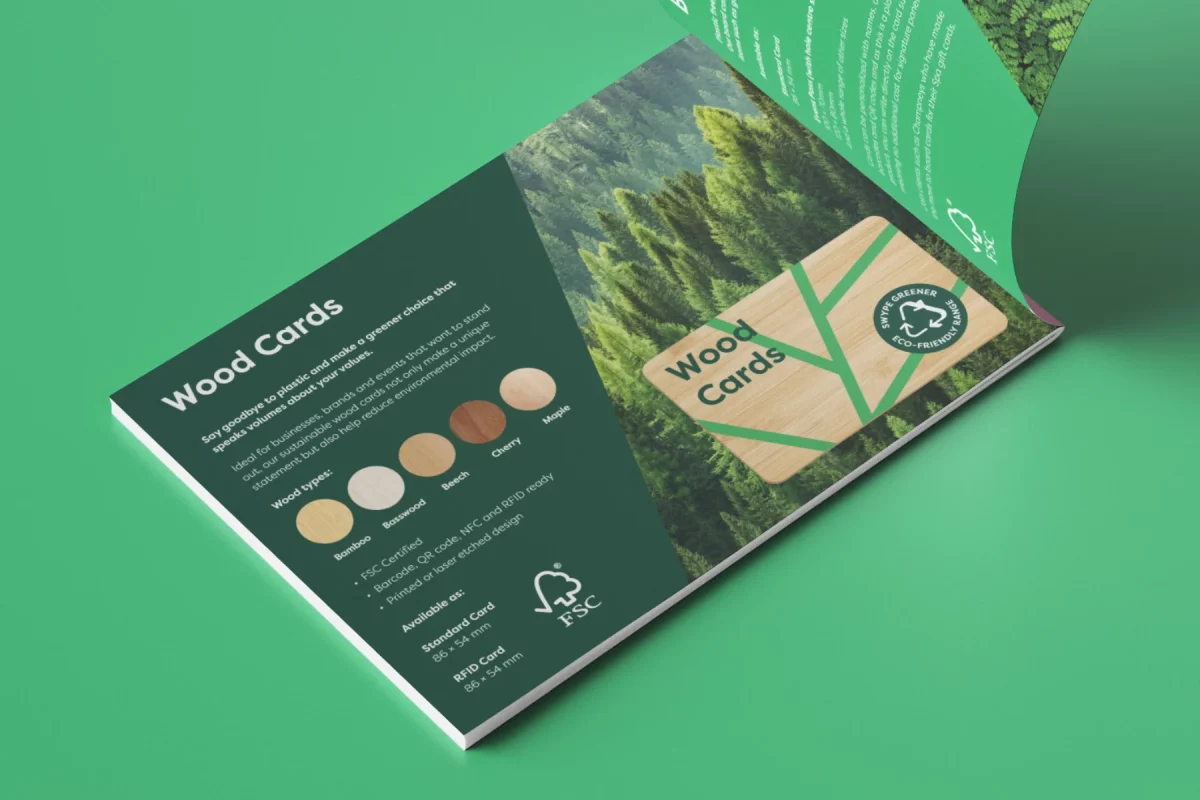 Swype branding eco range brochure spread wood cards