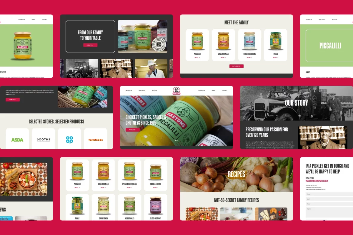Bartons Pickles branding website design screens