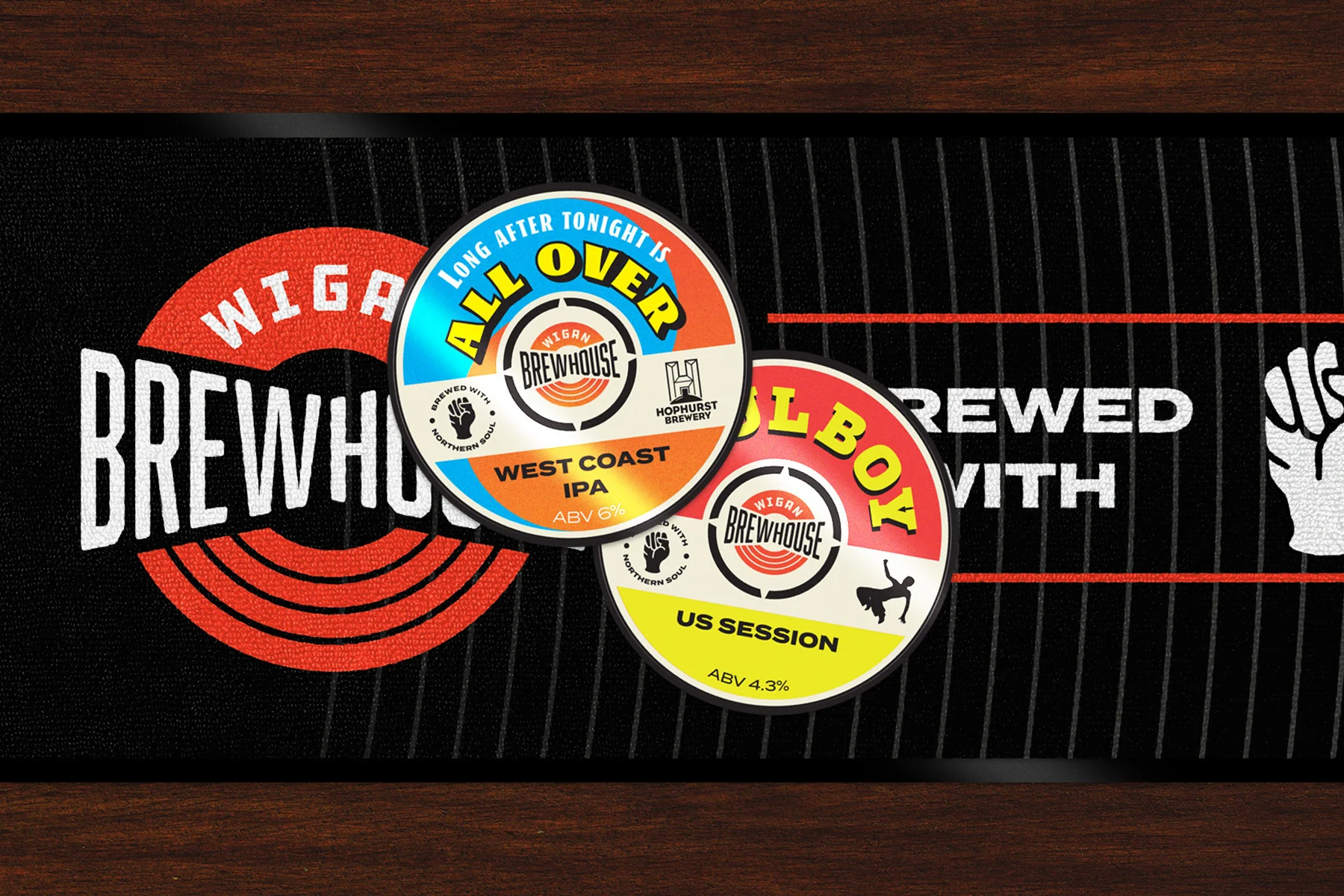 Wigan Brewhouse keg clip designs on bar mat