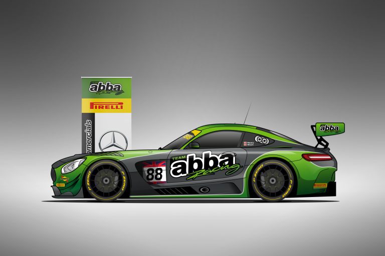 Team ABBA Racing | Cultivate design work mock-up showing an illustrated version of car and pop-up banner.